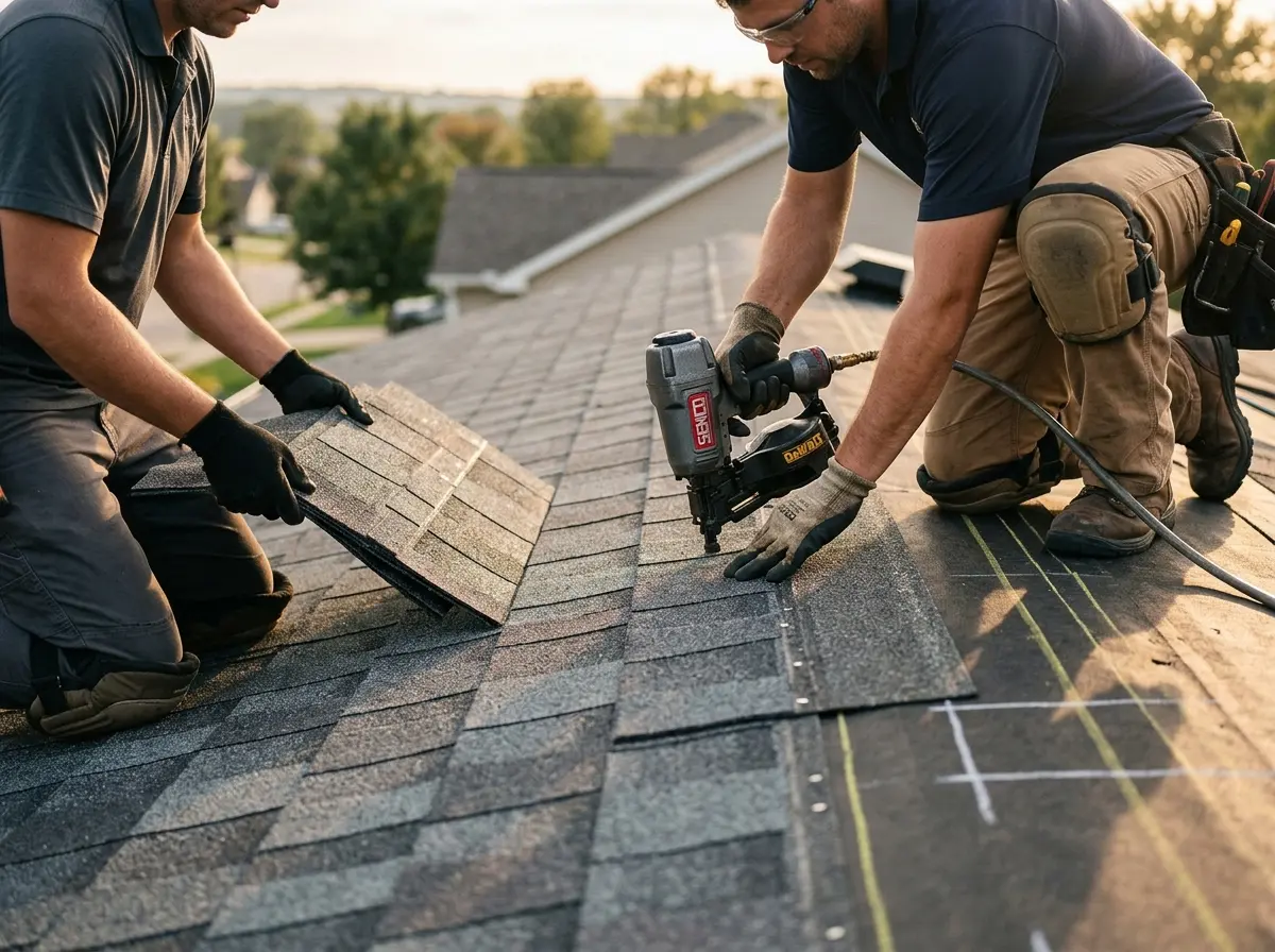Professional roofer working on a residential roof in Villa Rica